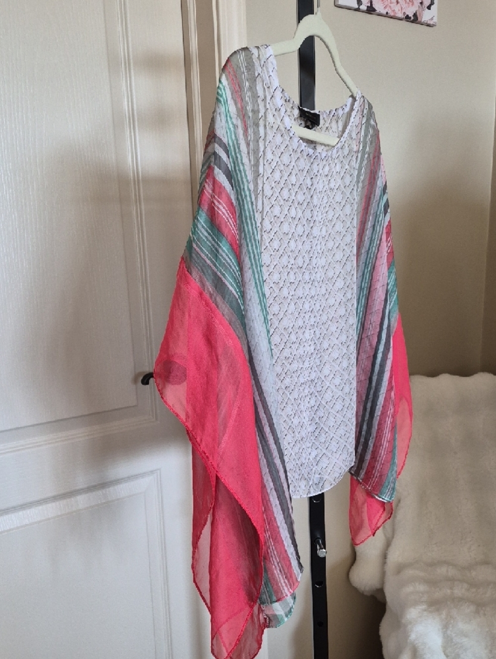 Women's Sheer Striped Draped Blouse in Cream and Coral Scarf Style M - Picture 6 of 10